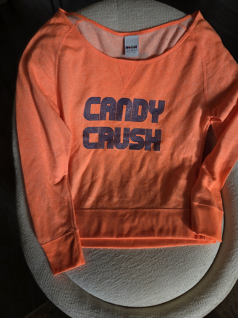 Sugar Factory Candy Crush Orange Off Shoulder Lightweight Sweatshirt
